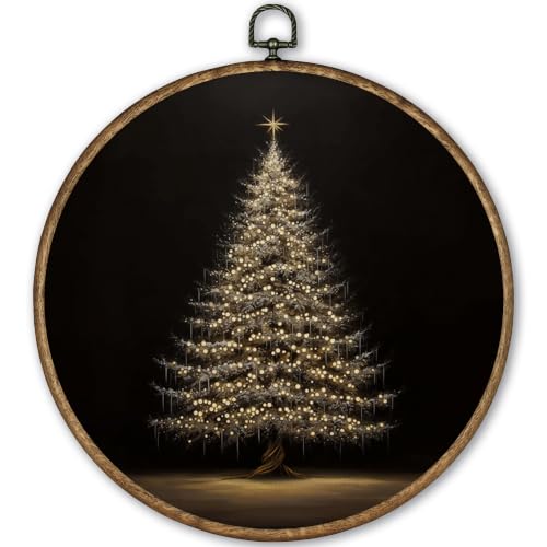 TLESKE Vintage Dark Christmas Tree Round Wall Art Decor Framed 10x10