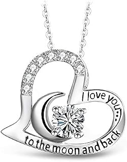 T400 Sterling Silver Necklace I Love You to The Moon and Back White Cubic Zirconia Heart Pendant Jewellery Gifts for Women Girls Her 18"+2" Chain