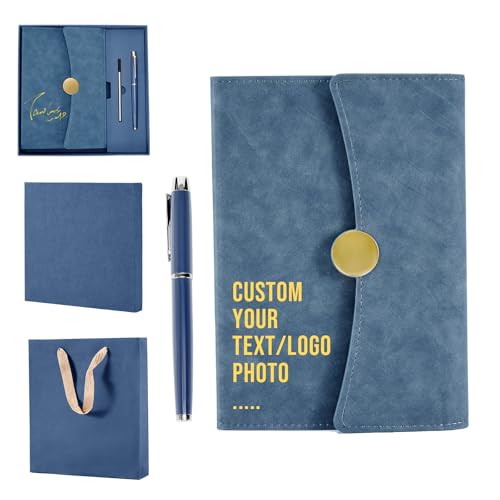 ENOMY PU Leather Personalized Notebook Gift Set with Snap Closure - Custom Engraved A5 Executive Journal, Pen & Refill for Corporate Business Gifts Deep Blue