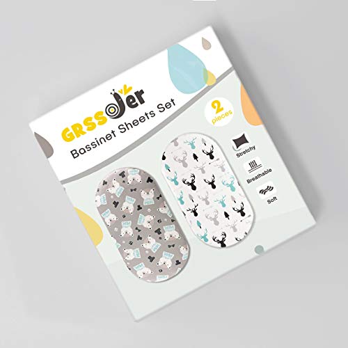 Stretch Ultra Soft Fitted Bassinet Sheet Set 2 Pack, Universal Cradle Sheet Set For Rectangle, Oval, Or Hourglass Bassinet Pad/Mattress, Grey Bear Bassinet Sheets For Girls And Boys #TOP1