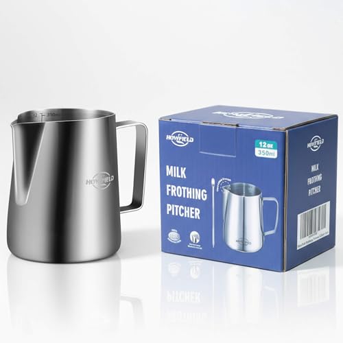 HOWFIELD 12oz Milk Frothing Pitcher, Stainless Steel with Latte Art Spout & Measurement Markings for Home Baristas, Silver