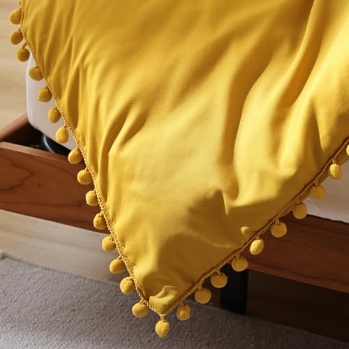 YIRDDEO Full Size Comforter Sets - Full Size Comforter with Ball Pom Fringe, Soft Bedding Set for All Seasons - 3 Pieces, 1 Comforter (79"x90") & 2 Pillow Shams(20"x26"), Mustard Yellow