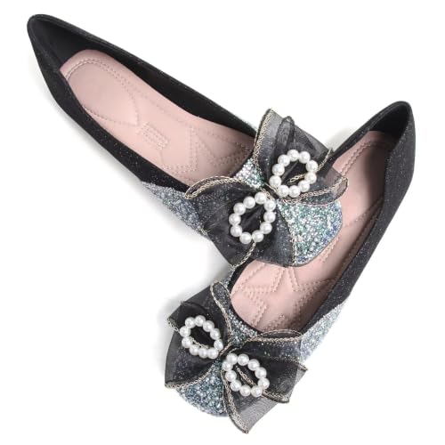 Image of SAILING LU Women's Rhinestone Square Toe Bowknots Ballet Flats Loafers