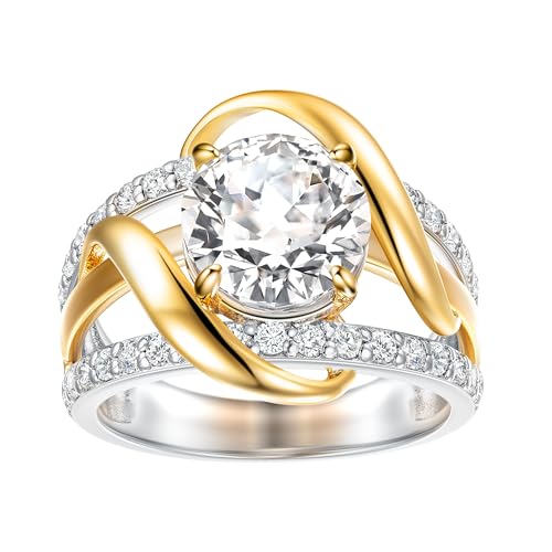 4Ct 925 Sterling Silver Round Cubic Zirconia Bow Solitaire Ring Two tone CZ Engagement Ring for Women Size 5-10
