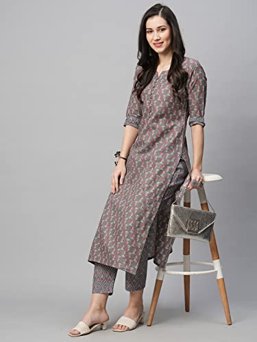 Image of GoSriKi Women's Cotton Blend Printed Straight Kurta With Pant