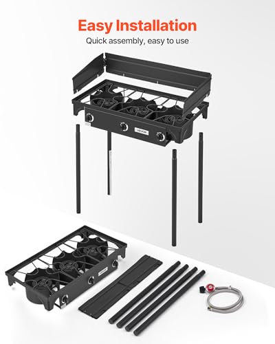 Image of VEVOR 3 Burner Outdoor Propane Gas Stove, 225,000 BTU Propane LPG Gas Camping Stove, Heavy-duty Carbon Steel Outdoor Cooker, with Shield & Tall Stand & Regulator, for BBQ Camp Home Patio Backyard