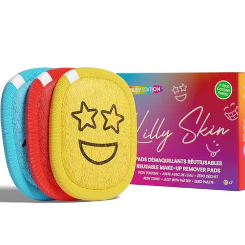 Pads Démaquillants Lavables et Réutilisables Lilly Skin - Lingettes Carrées Microfibres Nettoyantes et Exfoliantes pour la Peau du Visage - Boîte de 7 Pads en Tissu Simili Coton (Smiley Edition, XL)