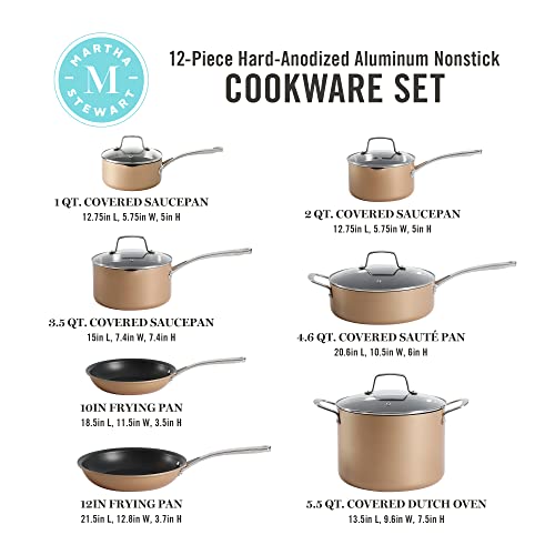 Martha Stewart 12 Piece Heavy Gauge Aluminum Hard Anodized Premium Nonstick Cookware Set, Induction Safe, Copper W/Black Interior #TOP1