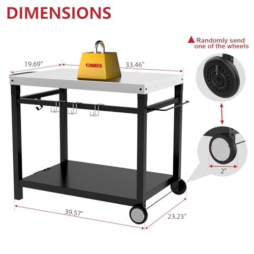 GLOWYE Outdoor Movable Dining Cart Table for Outside Kitchen Island Worktable, Stainless Steel Double-Shelf BBQ Foldable Grill Carts with Wheels Pizza Oven Table Stand - Thumbnail 4
