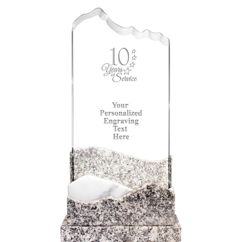 Crown Awards 10 Years of Service Custom Crystal Trophy, 12" Trailblazer Marble Base Corporate Award
