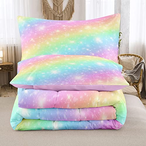 Ninenine Pink Rainbow Bedding Set Twin Size Girls Comforter Set For Teen Boys Women Soft Microfiber Stars Glitter Bedding Comforter Set -Includes 1 Comforter With 1Matching Pillowcase #TOP2