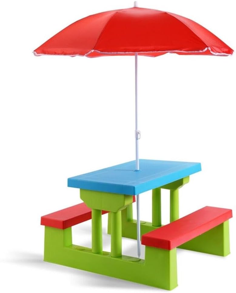 Pemberly Row Kids Picnic Table with Umbrella, Foldable Durable Plastic Construction, Seats 4 Children, Lightweight Portable Design, UV Protection, Indoor/Outdoor Use for Backyard or Playroom