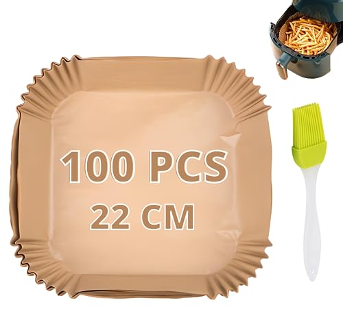 Olympo Home, 100 pcs Papel Freidora Aire 22cm + Brocheta de Silicona, Papel Air Fryer Cuadrado...