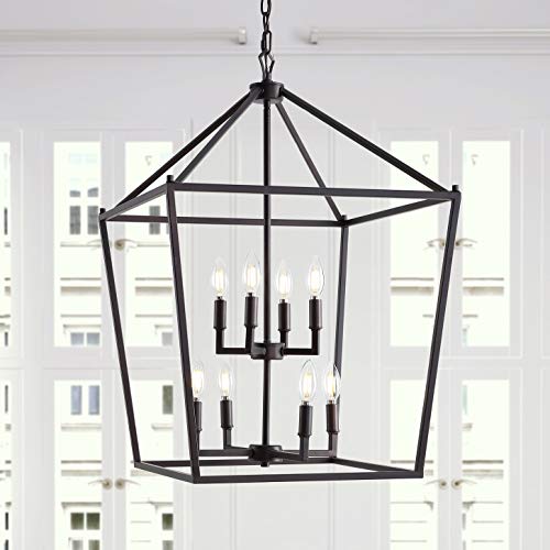 Image of JONATHAN Y Pagoda 8-Light Pendant 20 inch Cage, Oil Rubbed Bronze | Traditional Metal Farmhouse Hanging Lantern Ceiling Fixture, Adjustable Chain Link, For Kitchen Island, LED Bulb Included