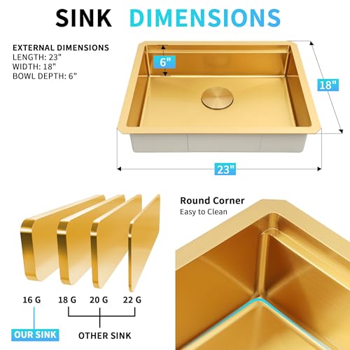 Image of 23 Inch Gold Undermount Kitchen Sink, 16 Gauge Stainless Steel Workstation | 23 inch x 18 inch Single bowl sink with ledge design, accessories included, ADA compliant 6 inch depth, ideal for RV and kitchen use