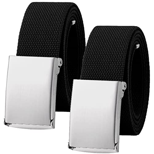 Falari Canvas Web Belt Fully Adjustable Cut to Fit Golf Belt Flip Top Silver Buckle - Black & Black (2 Pack)
