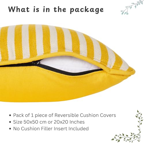 Image of Pack of 1 Reversible 20x20 Yellow Stripe Cotton Woven Fashion Throw Pillow Covers Cases for Couch Sofa Home Decoration | 50 x 50 cm