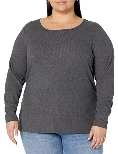 Amazon Essentials Top Ajustado de Punto Acanalado de Manga Larga con Cuello Redondo (Disponible en Tallas Grandes) Mujer, Pack de 2, Carbón Mezcla/Negro, XS