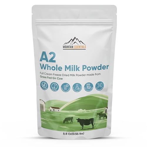 MOUNTAIN ESSENTIALS A2 Whole Milk Powdered Milk 8.8 Oz – Full Cream, Freeze Dried, Gluten Free, Shelf Stable, Non-GMO – Made From Grass-Fed Gir Cow – Easy To Digest – For Cooking & Baking