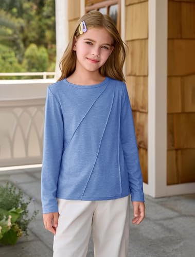 Haloumoning Girls Long Sleeve Shirts Pleated Casual Crewneck Fall Fashion Tops Basic Tees 5-14Y3