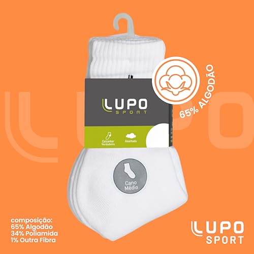 LUPO Kit 6 Pares Meia Cano Médio Esportiva Algodão Unissex Adulto, 6 Brancas, 41-44