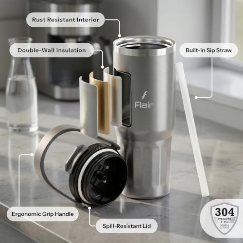 Image of FLAIR Vibe Vacuum Insulated Tumbler 750 ml Stellar Grey | 2-in-1 Lid (Straw & Sip) | 304 Stainless Steel | Leak-Proof Travel Mug with Handle | Hot & Cold | BPA-Free