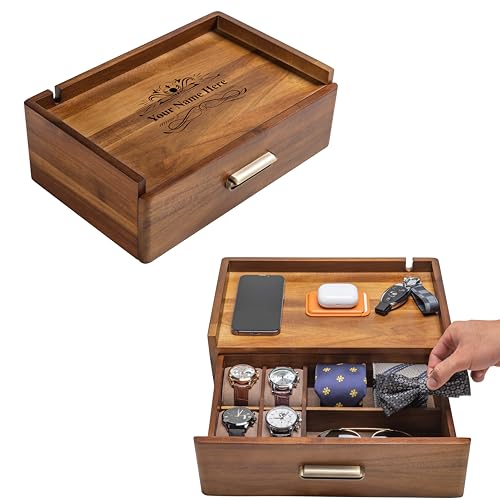 Shanik Docking Station Organizer - Engraved Wood Drawer Watch Box with Removable EDC Tray, Sunglasses Holder, Phone and Watch Stand, Christmas Gift