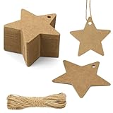 Flintronic 60 Stück Geschenkanhänger Stern, Kraftpapier Anhänger zum Beschriften, mit 10m Jute Schnur, Handmade Label, für Geschenkverpackung/Hochzeit/Halloween/Erntedankfest/Weihnachten/DIY(Braun)
