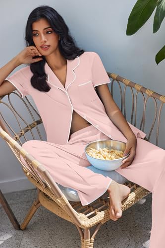 Image of Ekouaer Pajamas for Women Set Button Up Soft Pjs Short Sleeve 2 Piece Lounge Sets Comfy Sleepwear