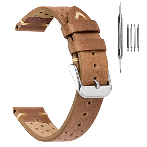 EACHE Correas Reloj Cuero 18mm para hombres, Estilo Rally Correas de Reloj Piel Perforadas Hechas a Mano(Retro Amarillo-marrón)