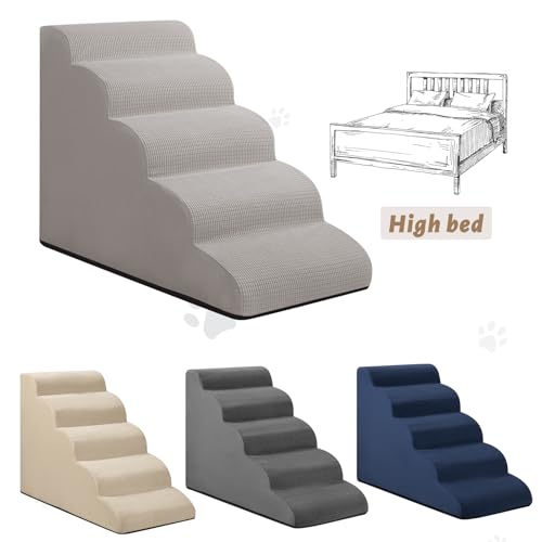 Image of Aodisman Dog Stairs for High Bed,5-Step Pet Ramp for Small Dogs and Cats | 22.2 inch H Dog Steps for Bed with High-Density Foam, Help Olders,Short-Legged Dogs,Puppy and Cats Get on Beds Easily,Light Grey