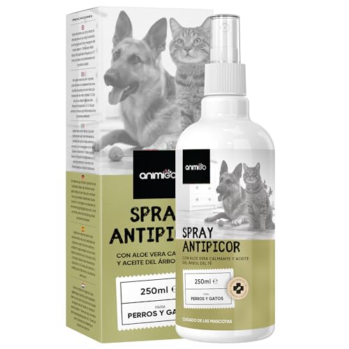 animigo Spray Antipicores Perros y Gatos 250 ml - Calmante para Alergias e Irritación con Aceite de Árbol de Té, Clavo y Aloe Vera - Hidrata y Alivia Puntos Calientes, Heridas y Picaduras de Insectos