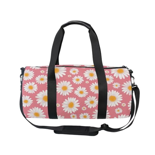 White Daisy Pink Sports Duffel Bag Large Barrel Gym Bag with Full Print Design, Adjustable Strap Spacious Storage for Workout Training Outdoor Activities and Weekend Trips2
