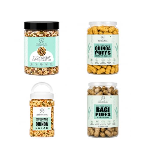 Image of WellNuts & Co. Healthy Snack Combo Pack of 4 |Buckwheat Flakes Mix - 200g, Quinoa Puffs Smoked Garlic - 200g, Quinoa Salad - 325g, Ragi Puffs Mild Pudina - 200g| Roasted & Ready to Eat Snacks | High Protein & High Fiber Combo | Snacks for Healthy Everyday