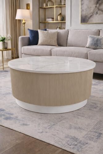 Image of WOODEN SPACE Round Marble-Top Wooden Center Table for Living Room | Modern Entryway Furniture | Coffee Table - 30X30X18 Inch (Beige)