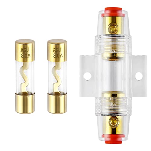 Owofydr 1 Pcs Gold Plated Inline Agu Fuse Holder ＆ 2 Pcs Gold Plated Glass 80A Agu Fuse For Automotive Audio Power Safety Protection #TOP7