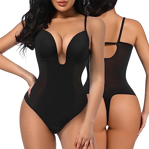Decorus Women Thongs Shapewear Tummy Control Deep V Plunge Shapewear Backless Low Back Body Shaper Built In Bra Bodysuit #TOP1