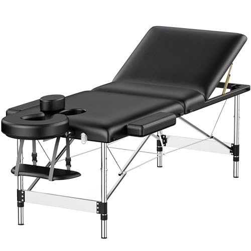 Brelley Camilla de Masaje Plegable de Aluminio, 3 Zonas, 70 cm de Ancho, Banco de Masaje Portátil Ajustable en Altura para Tatuajes, Cosméticos, SPA, Salón, Color Negro