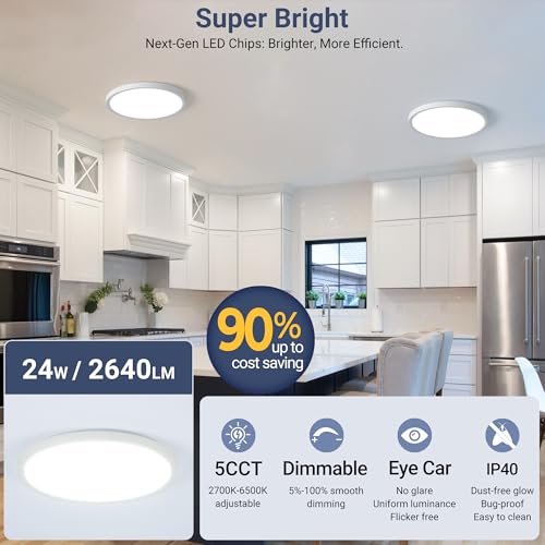 YELIOLED Hardwired 6 Pack LED Ceiling Light Fixture, 12inch 24W 2640LM Dimmable, 5CCT Selectable (2700K-6500K), Ultra-Thin Flush Mount Lighting for Hallway, Laundry, Kitchen, Bedroom, White by YELIOLED - Used condition - Image 2