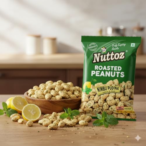 Image of Nuttoz Roasted Peanut Nimbu Pudina - Pack of 2 (140gm each) | Jumbo Roasted Moongfali | Non Fried Ready to Eat Healthy Snack | Crunchy Snack and Namkeen