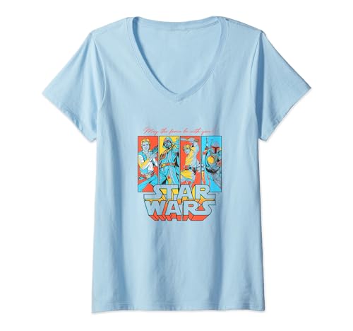 T-shirt Star Wars pour femme avec col en v et imprimé logo des panels de la saga
