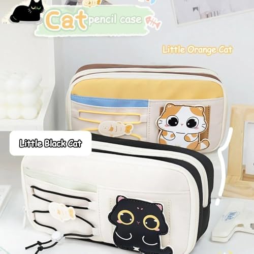 Image of OSDUE Canvas School Bag Pencil Case, 3 Layer 6 Compartment Large Capacity, Aesthetic Pencil Pouch for Stationary, Cute Stationery for Kids, Pencil Case for Girls & Boys (Beige)