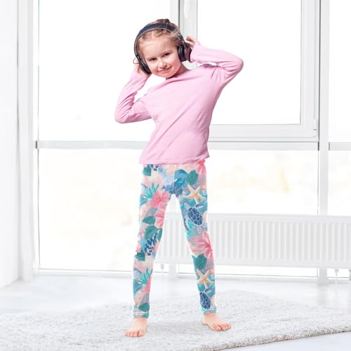Sea Turtle Starfish Coral Floral Girls Leggings Ultra Soft Compression Yoga Gym Pants for Kids 4-10T4