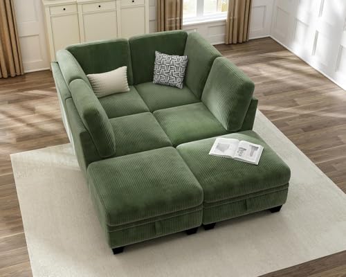 Image of CHIC HOUSE Modular Pit Sofa, Corduroy Cuddle Couch with Storage Ottoman, Sleeper Sofa Square Daybed for Living Room & Cinema, Cloud Pit Alternative, (6 Seater Compact Sleeper, Green)