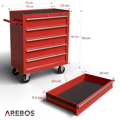 Miniatura 3 de Arebos Cajas De Herramientas Carro De Herramientas 5 Cajones Con Cierre Centralizado Incl. Alfombrillas Antideslizantes Rojo