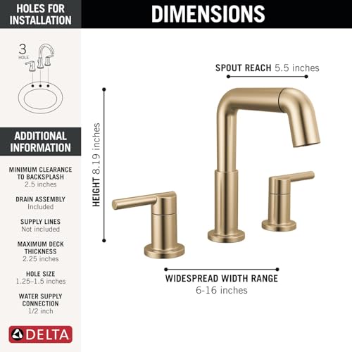 Image of Delta 35849LF-PD Nicoli 1.2 GPM Widespread Bathroom Faucet with Pull Down Spout and Push Pop-Up Drain Assembly - Champagne Bronze