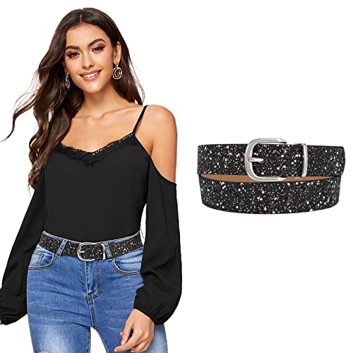 Werforu Women Shiny Bling Sequins Pu Leather Waist Belt For Jeans Dress With Silver Pin Buckle, Black, Fit Waist Size 27-32 Inches #TOP20