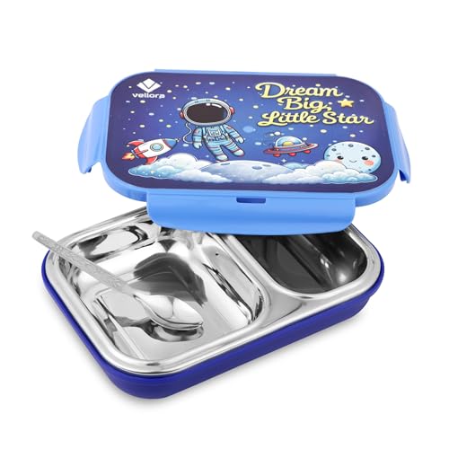 Image of Stainless Steel Lunch Box for Kids, Boys & Girls, Space Design with 2 Compartments, Leakproof Tiffin Box for School, BPA-Free, Easy to Carry & Clean, Multipurpose Lunch Box for Outdoor Use