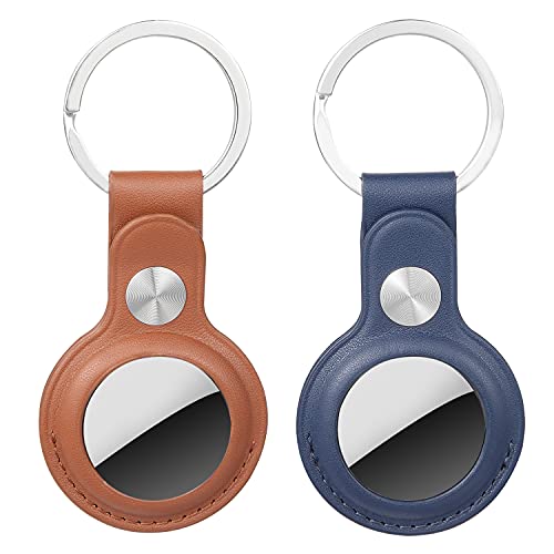 Wasserstein Pu Leather Keychain Holder Compatible With Apple Airtag - Keyring And Protective Case Cover For Gps Tracker (2 Pack, Brown/Blue) #TOP21