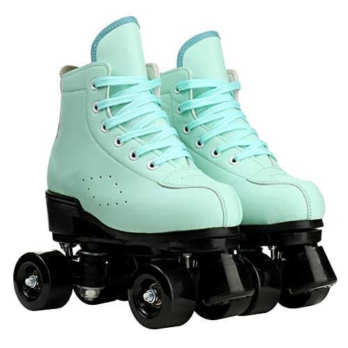 Cowhide High-Top Classic Double-Row Four-Wheel Roller Skates for Women, Men & Girls (Green, 39=US:7)